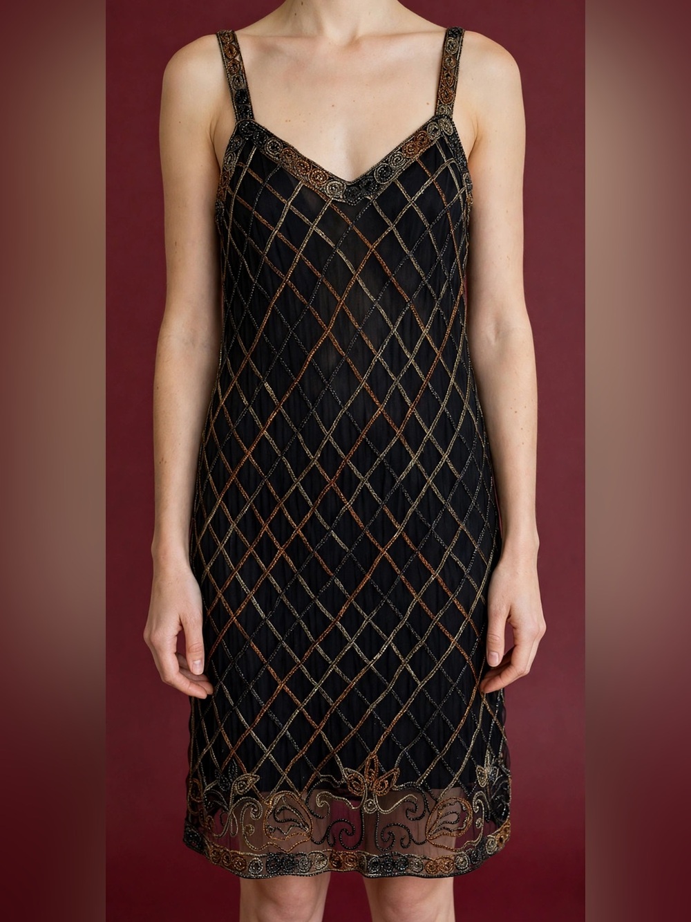 Black Beaded Lattice Midi Dress with Gold & Silver Accents